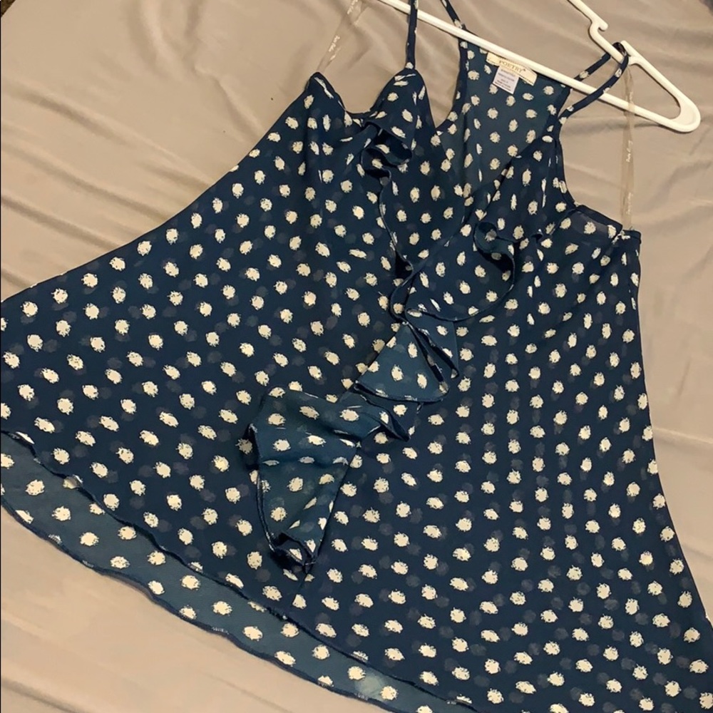 Navy & cream sheer, ruffled front top